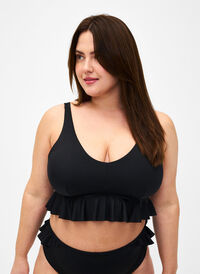 Bikini top with removable pads and ruffle trim, Black, Model