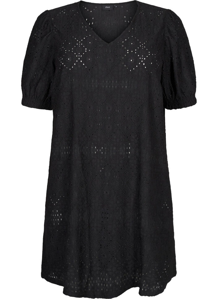 Short dress with v-neck and hole pattern, Black, Packshot image number 0