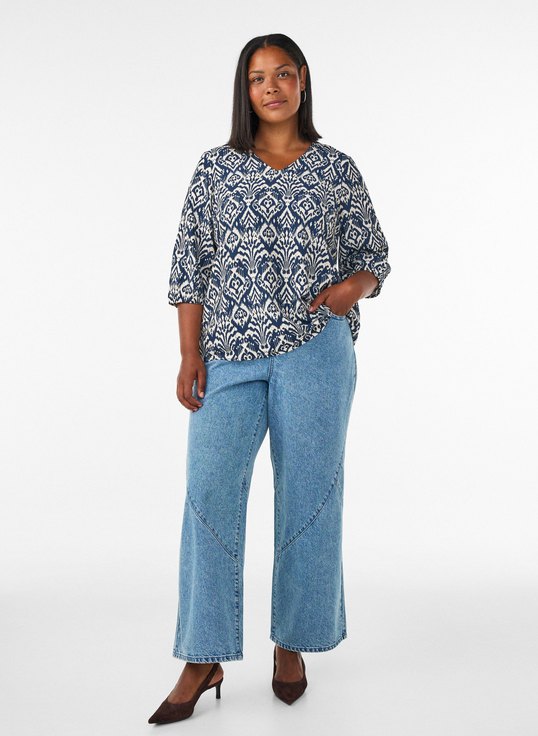 ZizzifashionPatterned viscose blouse with 3/4-sleeves, Blue, Model image number 1