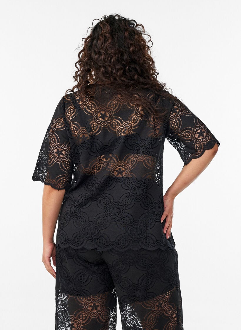High-waisted wide-leg lace trousers, Black, Model image number 1