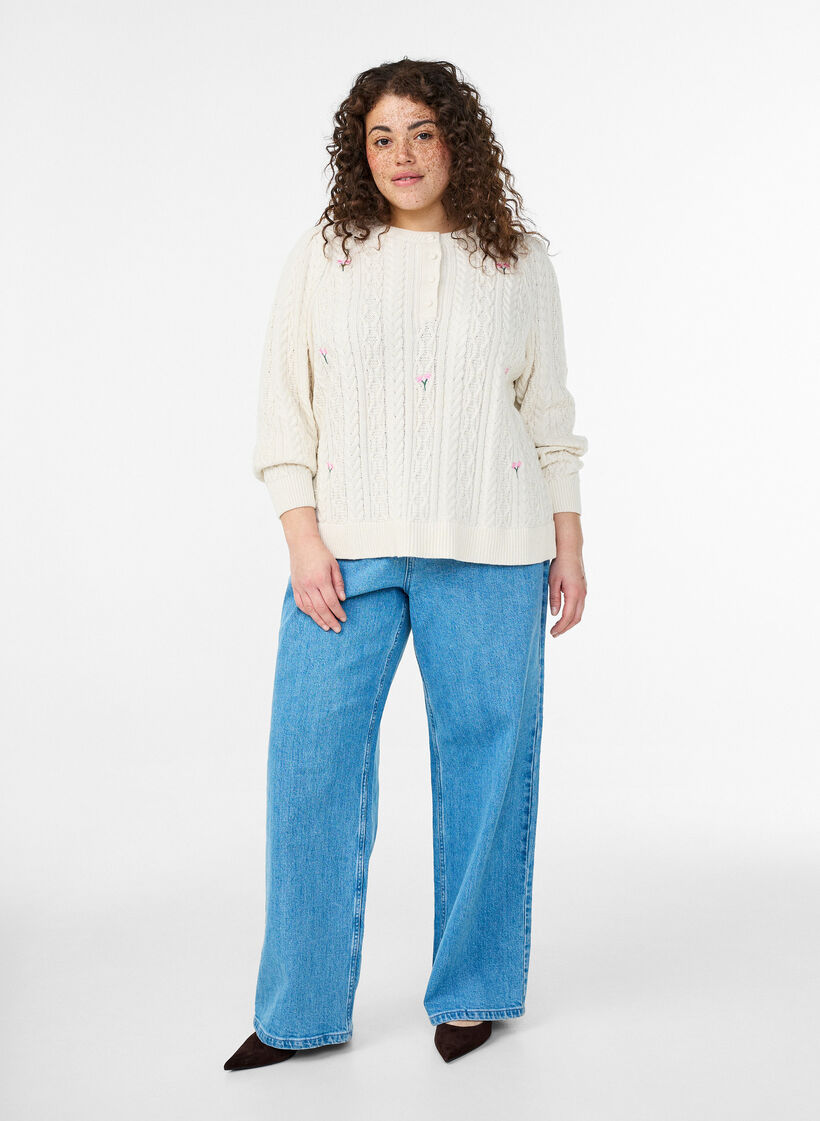 Knit blouse with cable pattern and embroidered flowers, White, Model image number 1