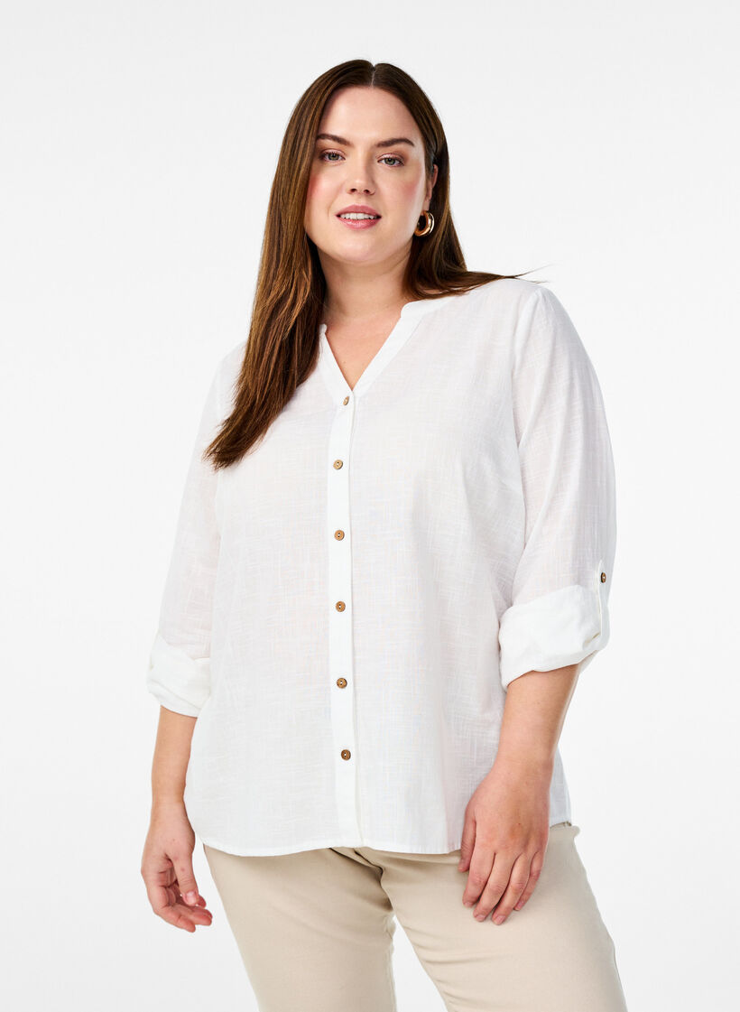 Cotton shirt blouse with a v-neck, White, Model image number 0
