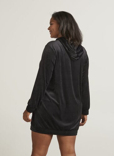 Hooded, velour sweatshirt dress , Black, Model image number 1