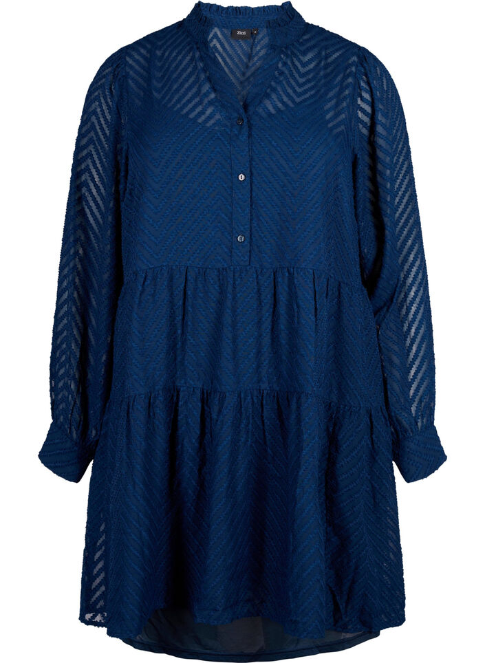 Textured short dress with a ruffle collar, Navy Blazer, Packshot image number 0