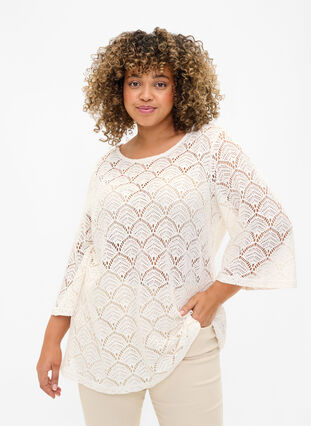 Crochet blouse with 3/4 sleeves, Sandshell, Model image number 0