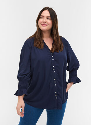 Viscose blouse with button fastening and 3/4-length sleeves, Navy Blazer, Model image number 0