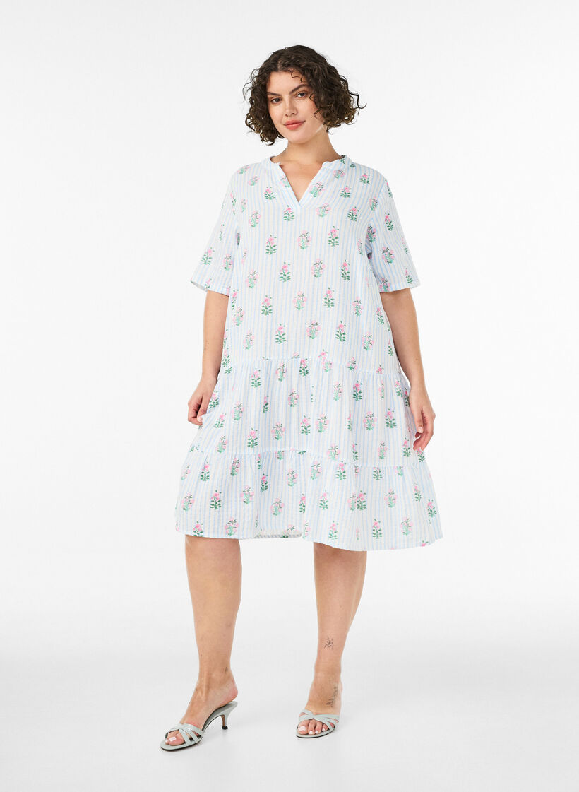 Short A-line dress in cotton muslin, Vanilla, Model image number 1