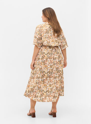 Short-sleeved printed viscose midi dress, Curry Graphic AOP, Model image number 1