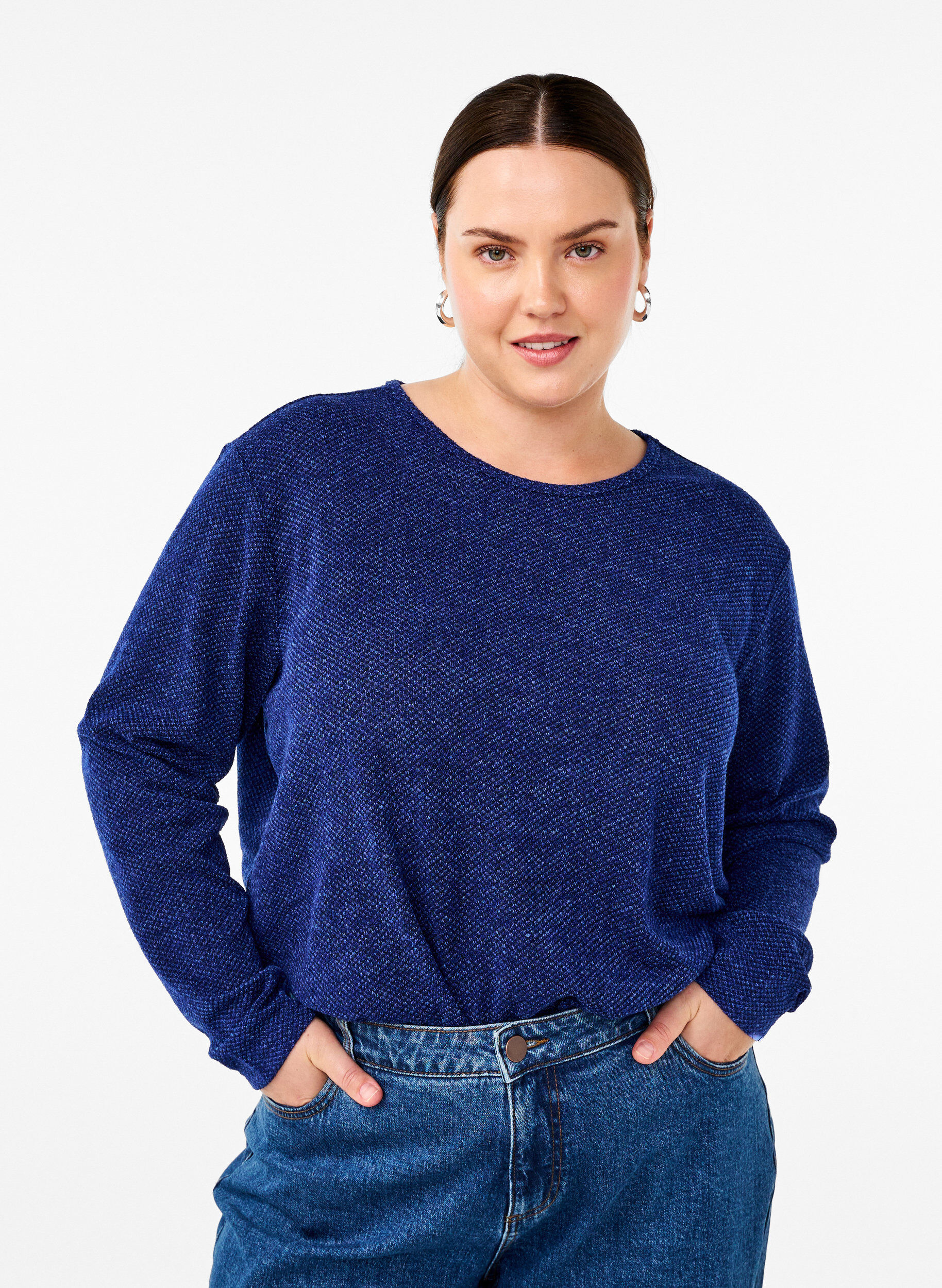 Zizzifashion Melange blouse with round neck and long sleeves, Sodalite Blue, Model image number 0