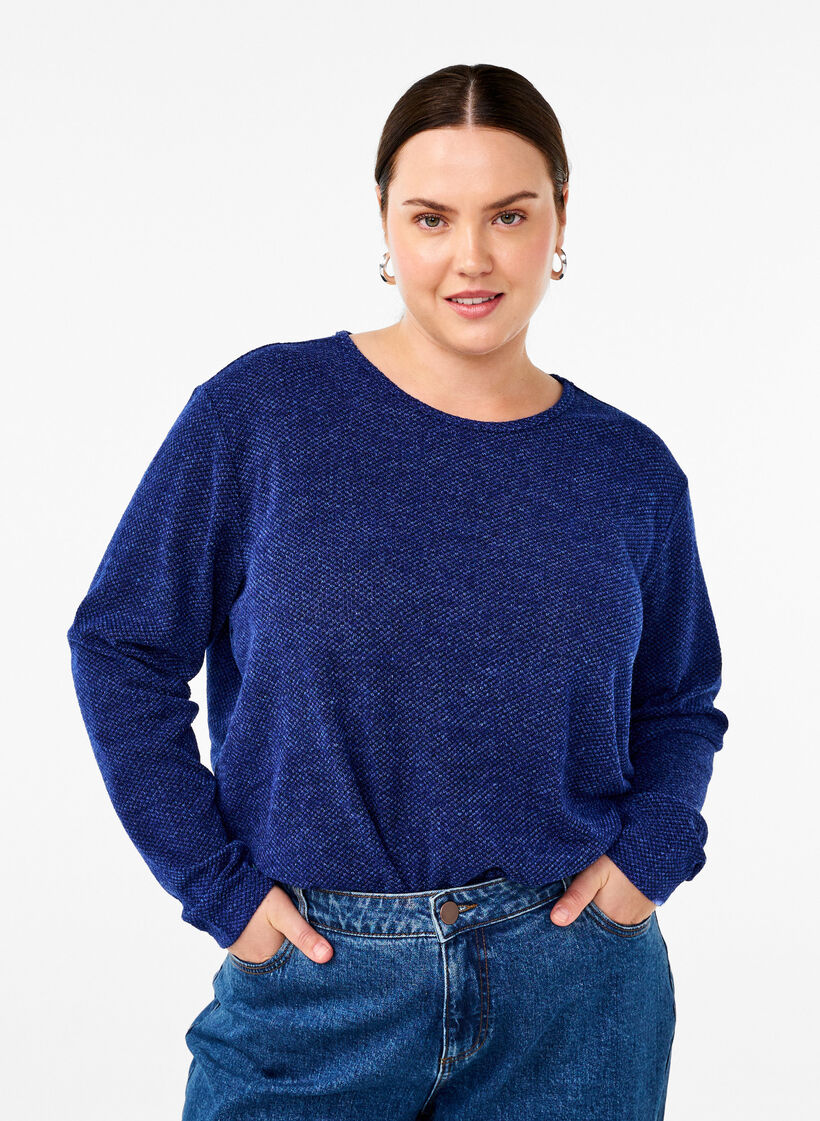 Melange blouse with round neck and long sleeves, Sodalite Blue, Model image number 0