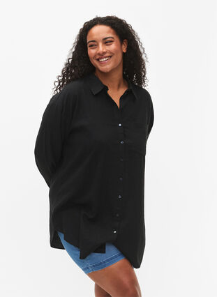 Long shirt in linen-viscose blend, Black, Model image number 0