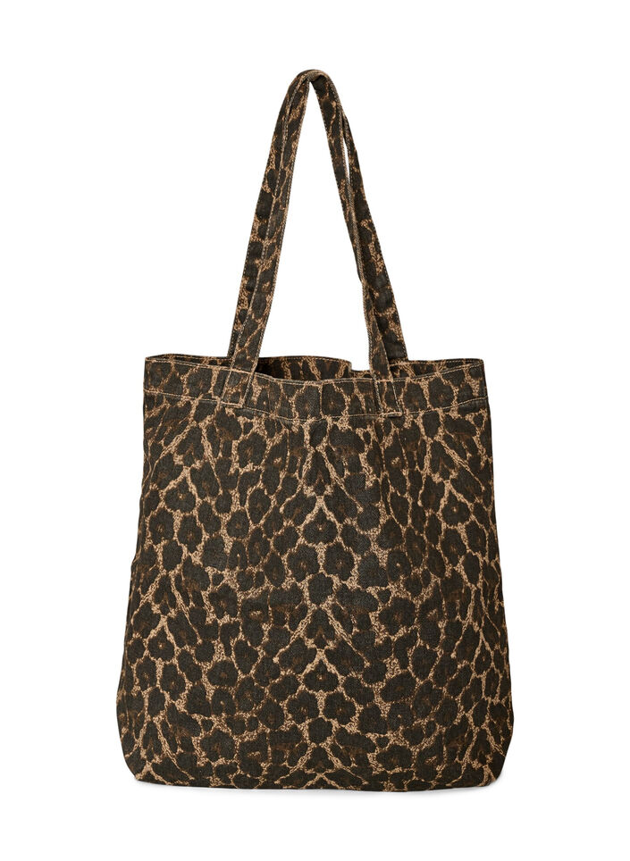 Denim shopping bag with leopard print, Brown, Packshot image number 0