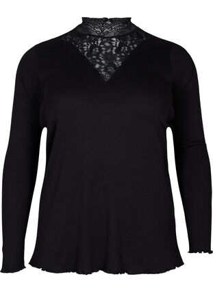 High neck blouse with lace, Black, Packshot image number 0