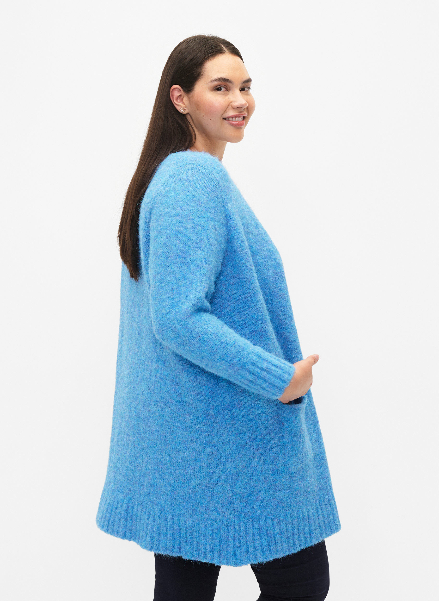 Zizzifashion Long knitted cardigan with wool and pockets, French Blue, Model image number 1