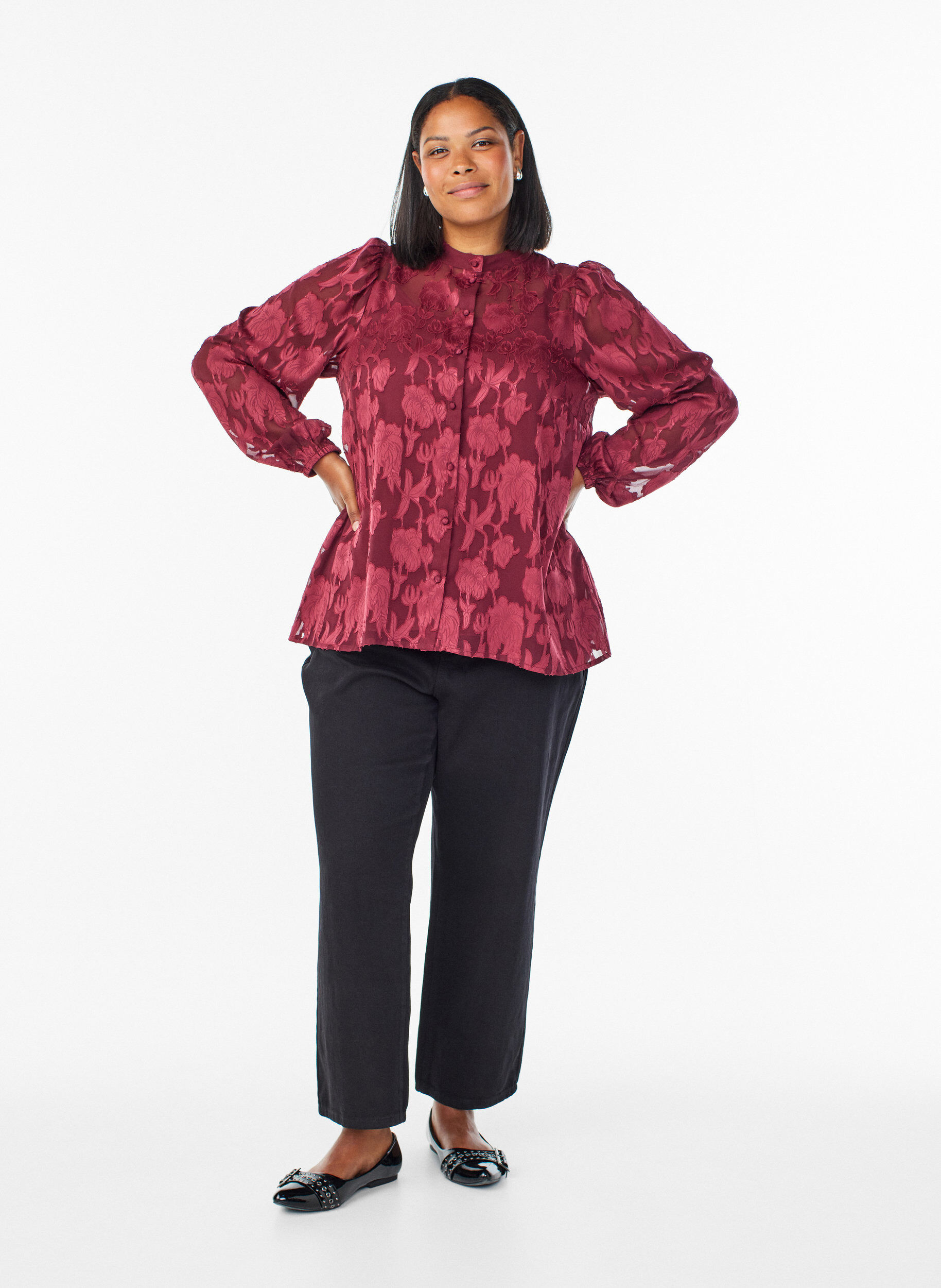 Zizzifashion Blouse with buttons and floral pattern, Dark Bordeaux, Model image number 1