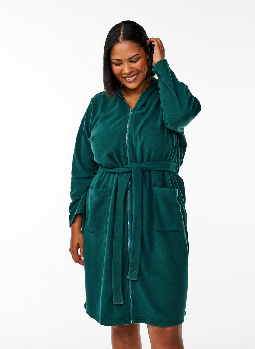 Morning robe with zipper and hood, Green, Model image number 0