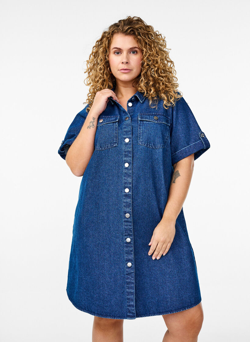 Denim dress with short sleeves and buttons, Blue, Model image number 0