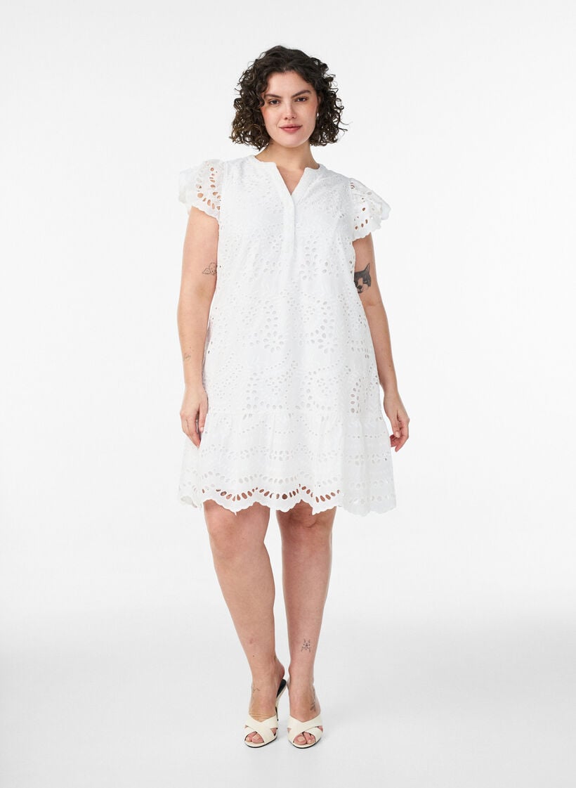 Broderie anglaise dress with ruffle sleeves, White, Model image number 1