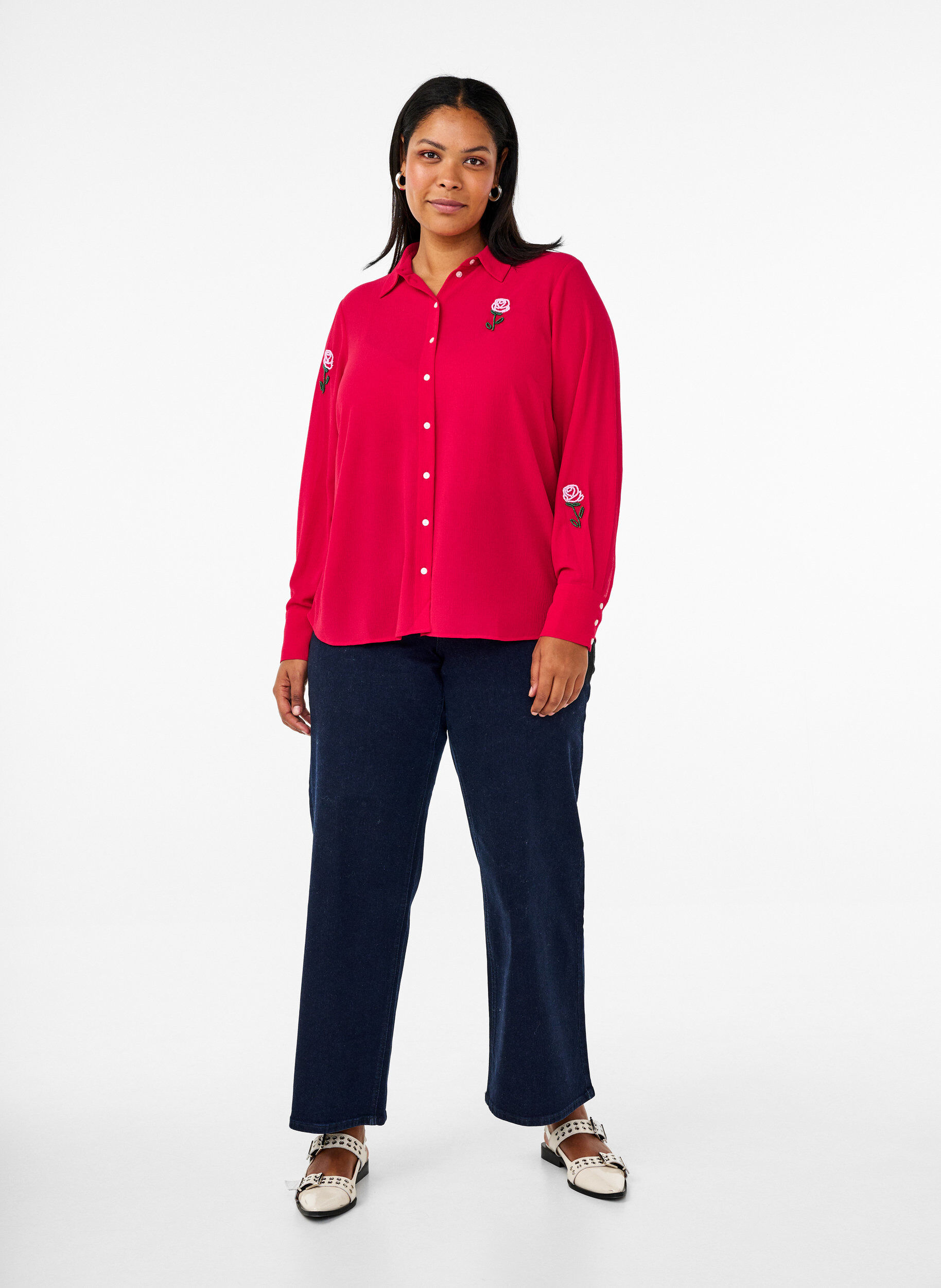 Zizzifashion Solid coloured shirt with pearls, Red, Model image number 1