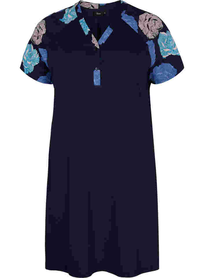 Short sleeve cotton nightdress with print details, Blue Flower, Packshot image number 0