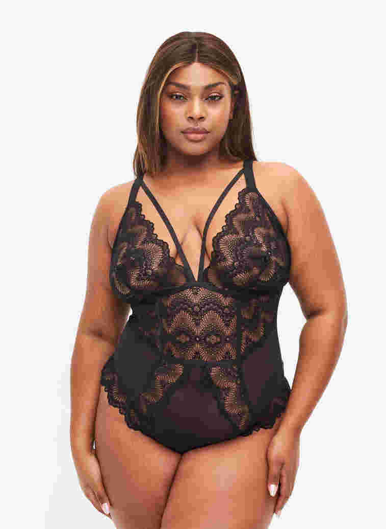 Body in mesh and lace, Black, Model image number 0