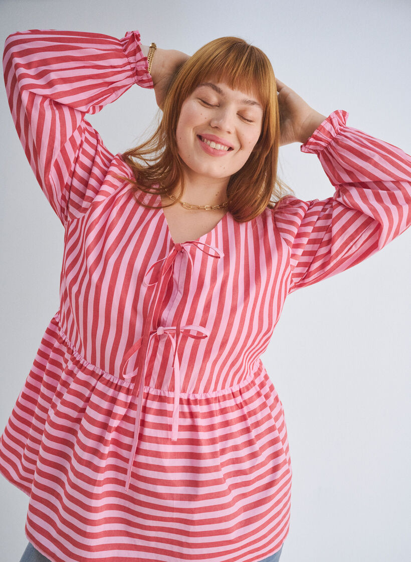 Blouse with stripes and bows, Red, Image image number 0