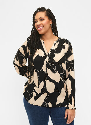 Printed viscose blouse with smock, Black AOP, Model image number 0