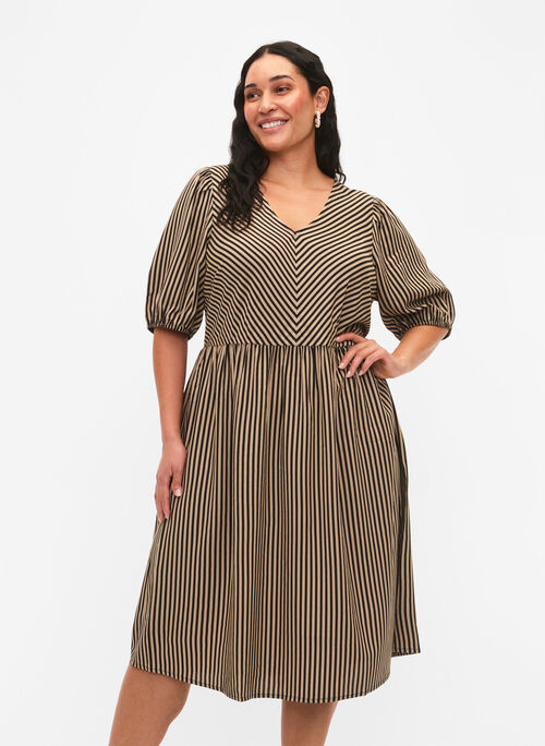 Viscose dress with striped print, Coriander/Bl. Stripe, Model