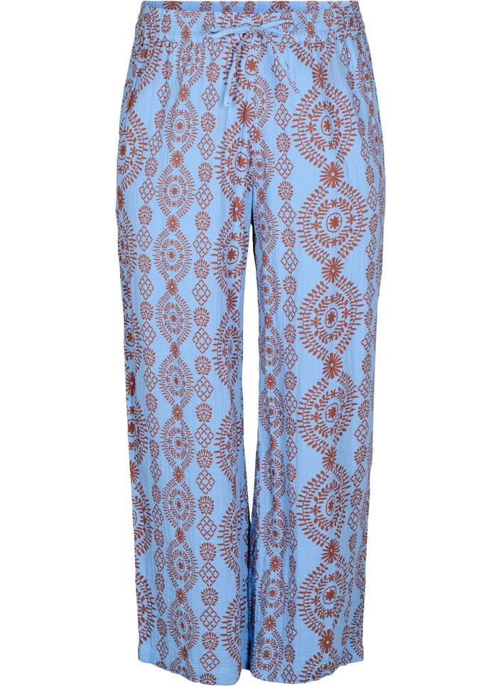 Loose trousers in patterned cotton muslin, Light Blue, Packshot image number 0