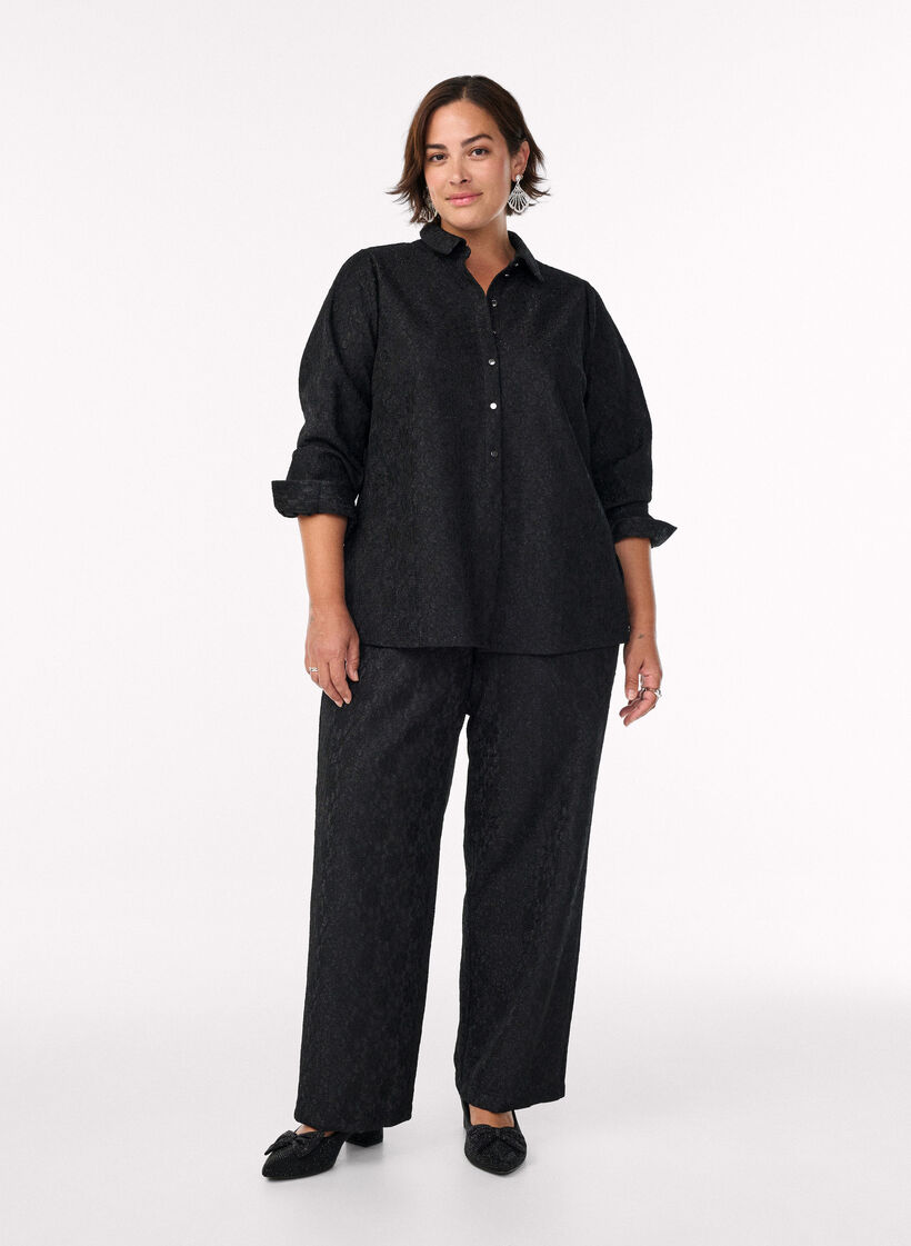 Trousers with a lace texture and glitter thread, Black, Model image number 0