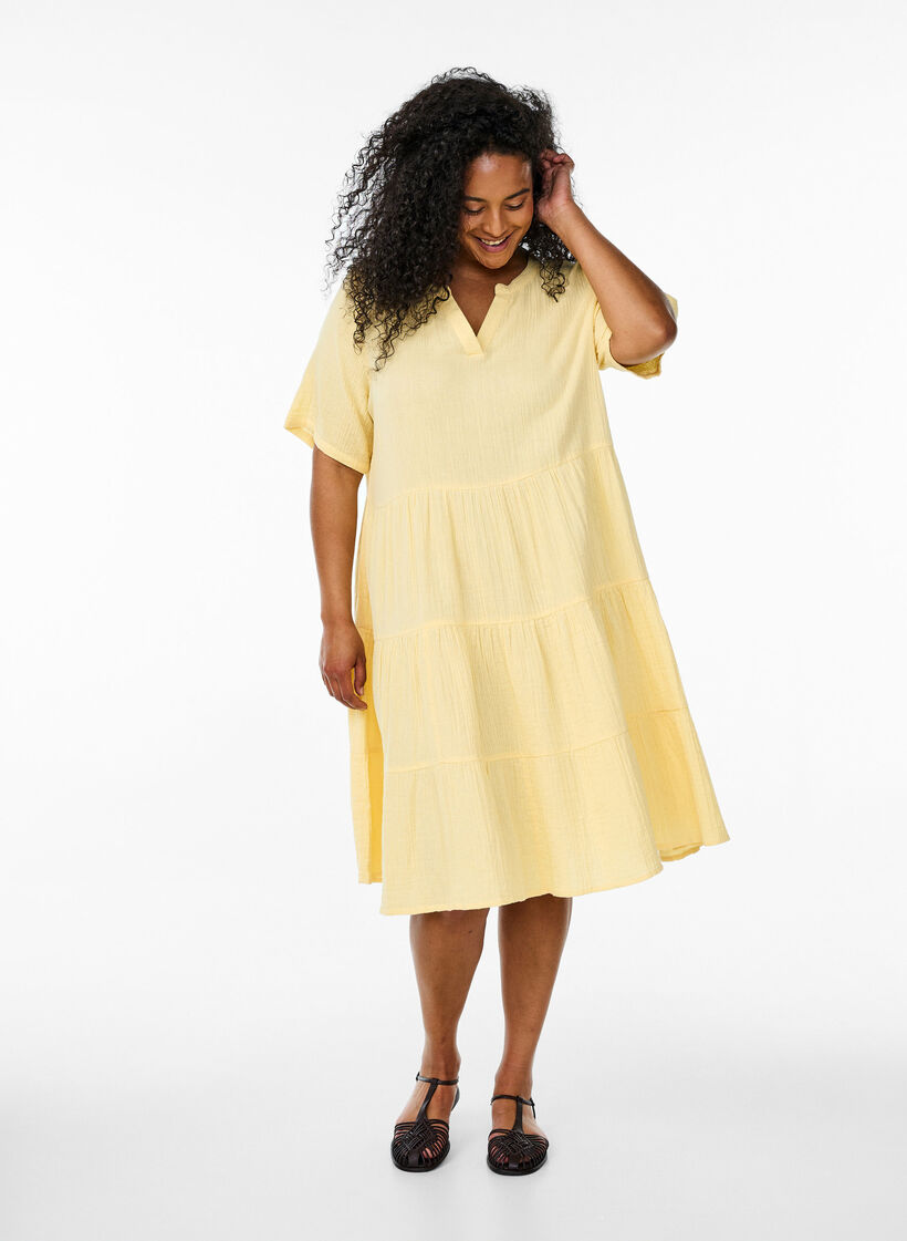 Knee-length cotton muslin dress with an A-line cut, Yellow, Model image number 1