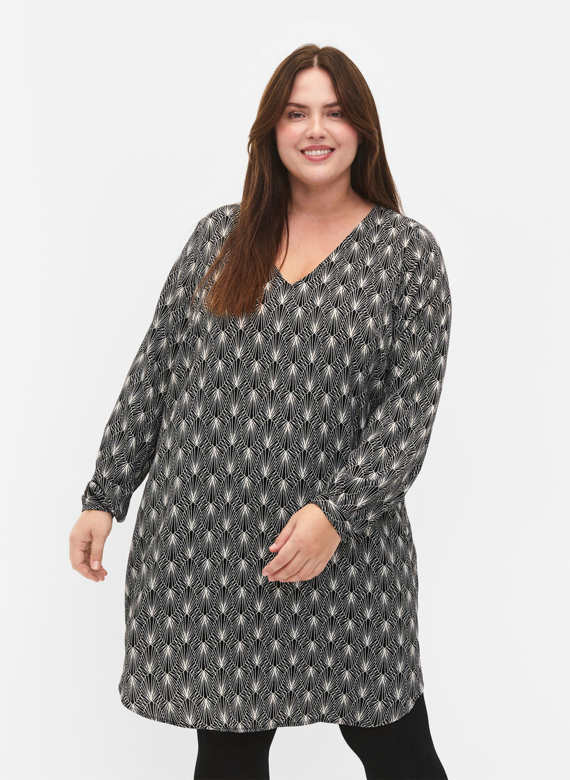 V-neck dress with print, Birch Graphic AOP, Model image number 0