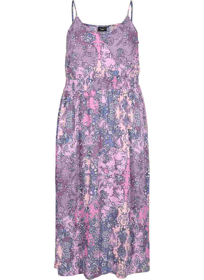 Sleeveless viscose midi dress with a paisley print, Purple Paisley, Packshot image number 0