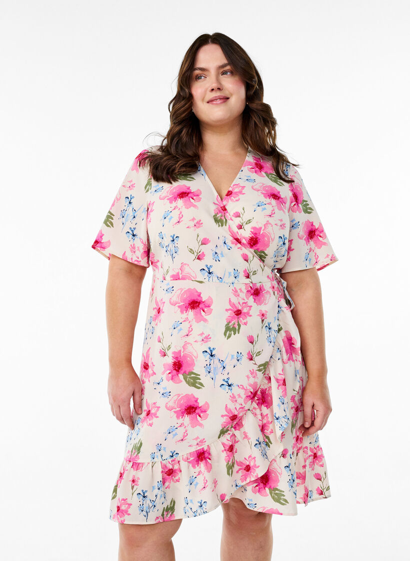 Floral wrap dress with short sleeves, White, Model image number 0