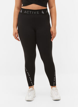 Cropped sport tights with text print, Black, Model image number 3
