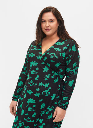 Printed wrap dress in mesh, Black Green , Model image number 2