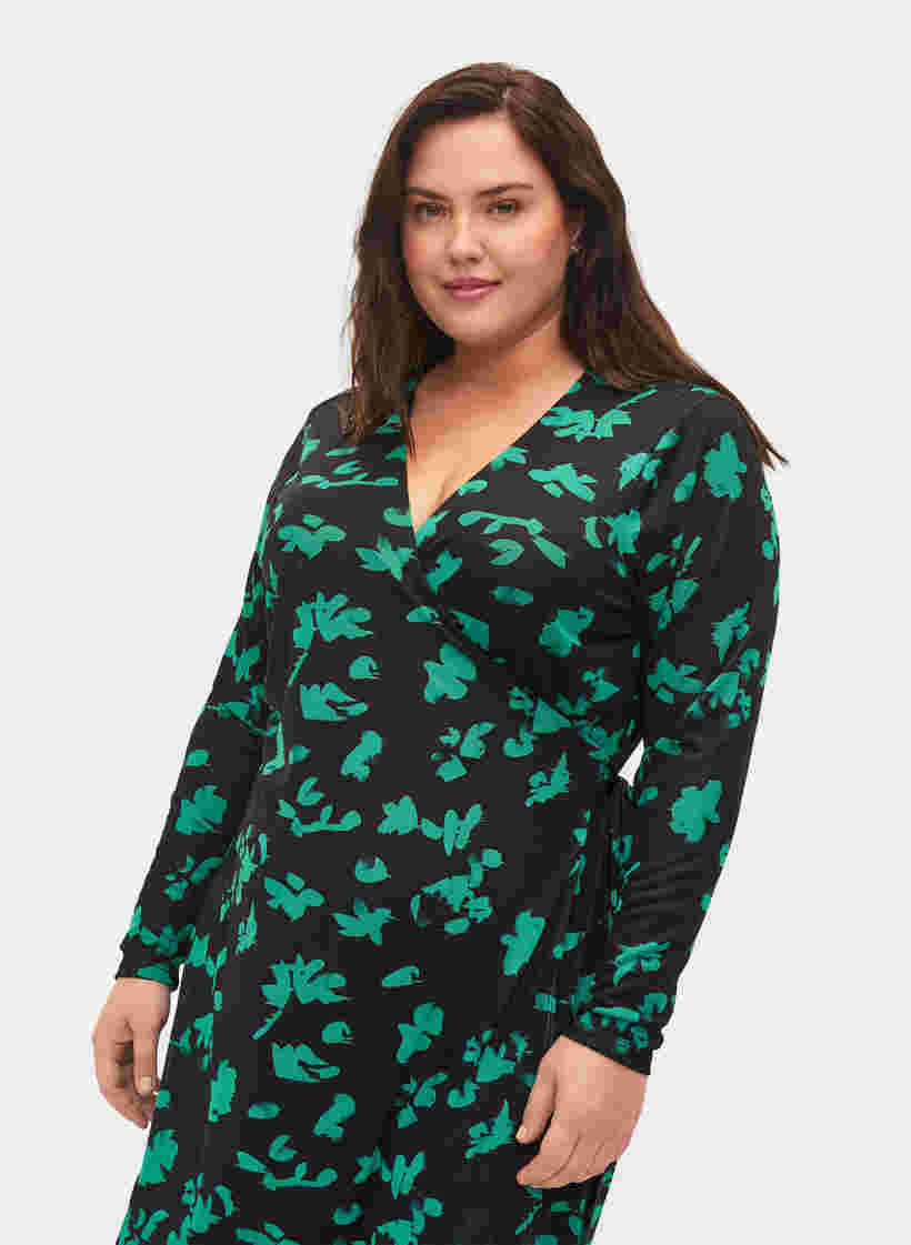 Printed wrap dress in mesh, Black Green , Model image number 2