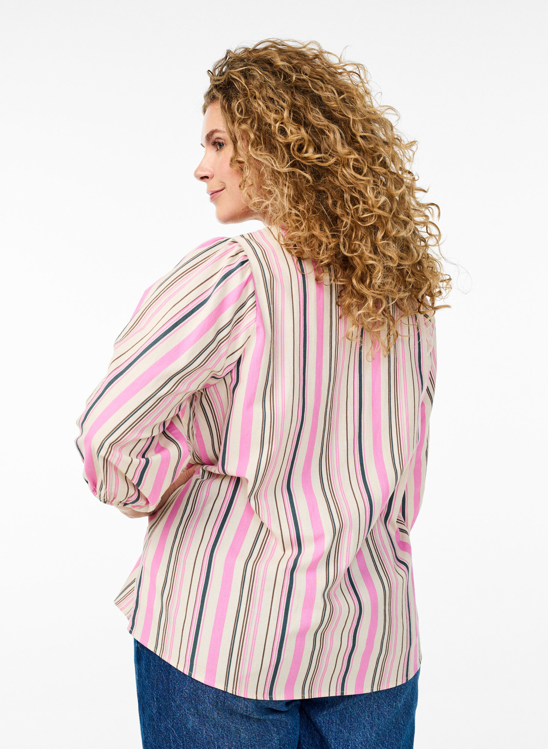 Zizzifashion 3/4 sleeve blouse in cotton with stripes, Vanilla, Model image number 2