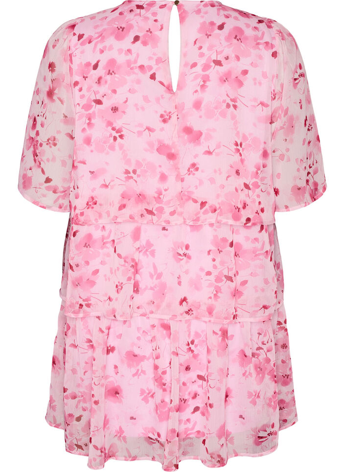 Short chiffon-look dress with floral print and ruffle layers, Pink, Packshot image number 1