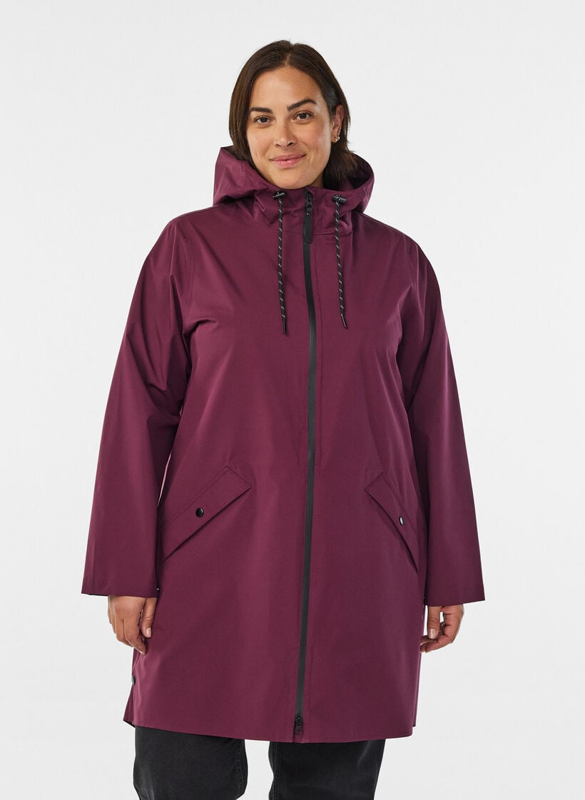 Rain jacket with pockets and hood, Dark Bordeaux, Model image number 0