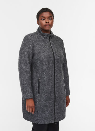 Coat with wool and zipper, Dark Grey Melange, Model image number 0