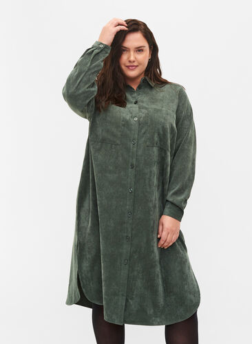 Shirt dress in velvet, Deep Forest, Model image number 0