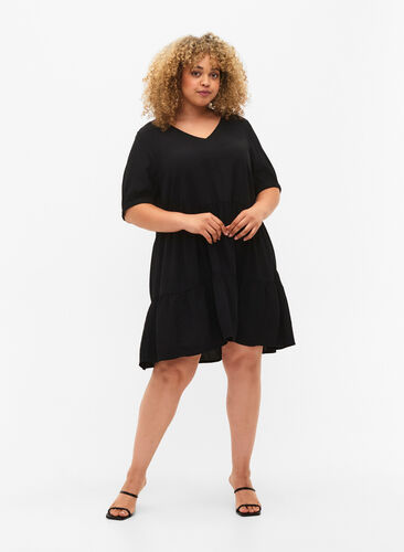Single colored viscose tunic with short sleeves, Black, Model image number 1