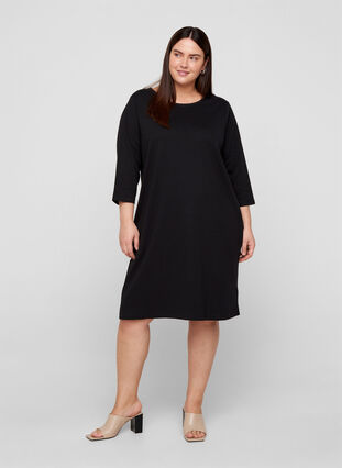 Cotton dress with 3/4 sleeves and pockets, Black, Model image number 2
