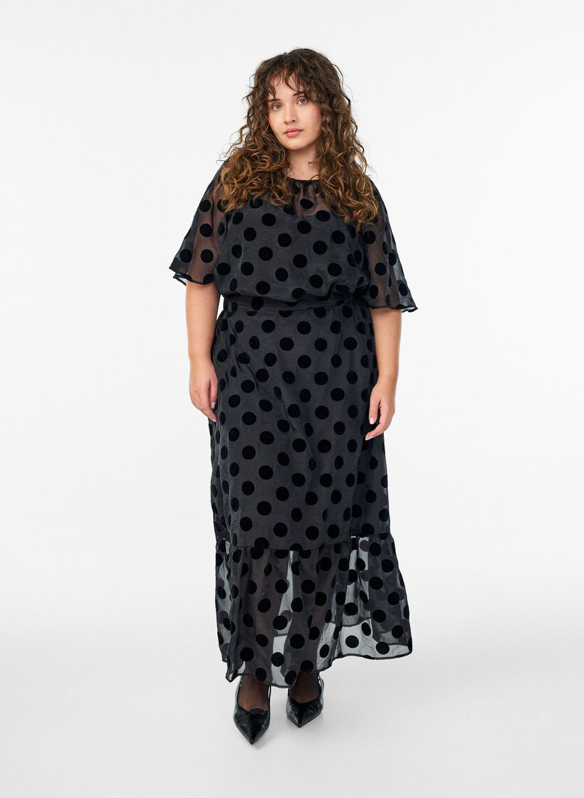 Party blouse in organza-look with velvet dots, Black, Model image number 1