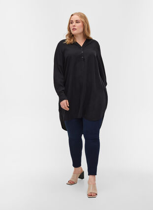 Long sleeve tunic with V-neck and buttons, Black, Model image number 2