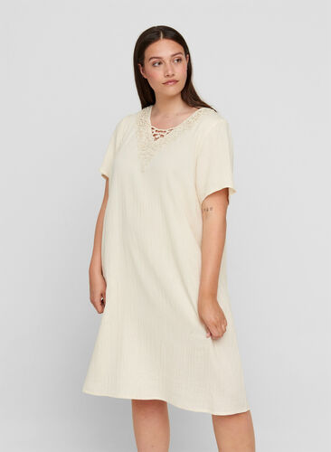 Short-sleeved cotton dress with embroidery, Beige As Sample, Model image number 0