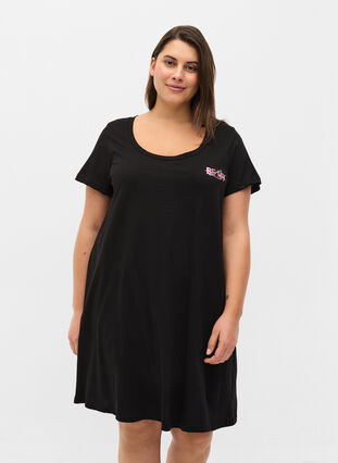 Short-sleeved nightdress in cotton, Black Pink BE MY, Model image number 0