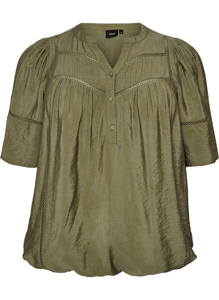 Viscose blouse with pintucks and balloon effect, Green, Packshot image number 0