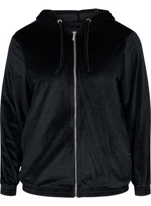 Velour cardigan with zipper and hood, Black, Packshot image number 0